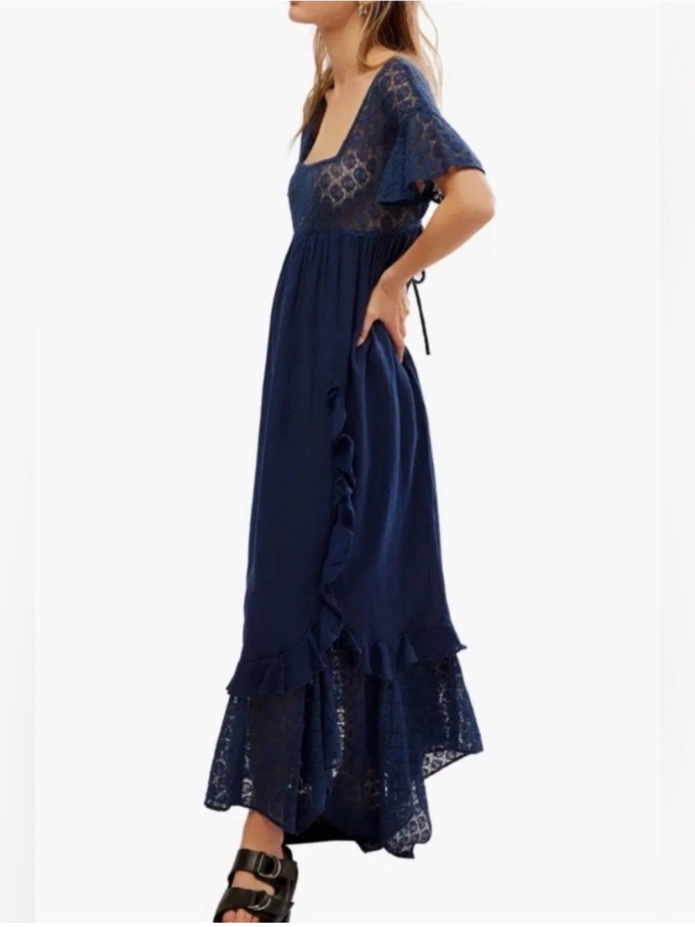 Free People Flowy Romance Navy Lace Maxi Dress Whympsy Ethereal Cottagecore SZ M - Picture 4 of 10